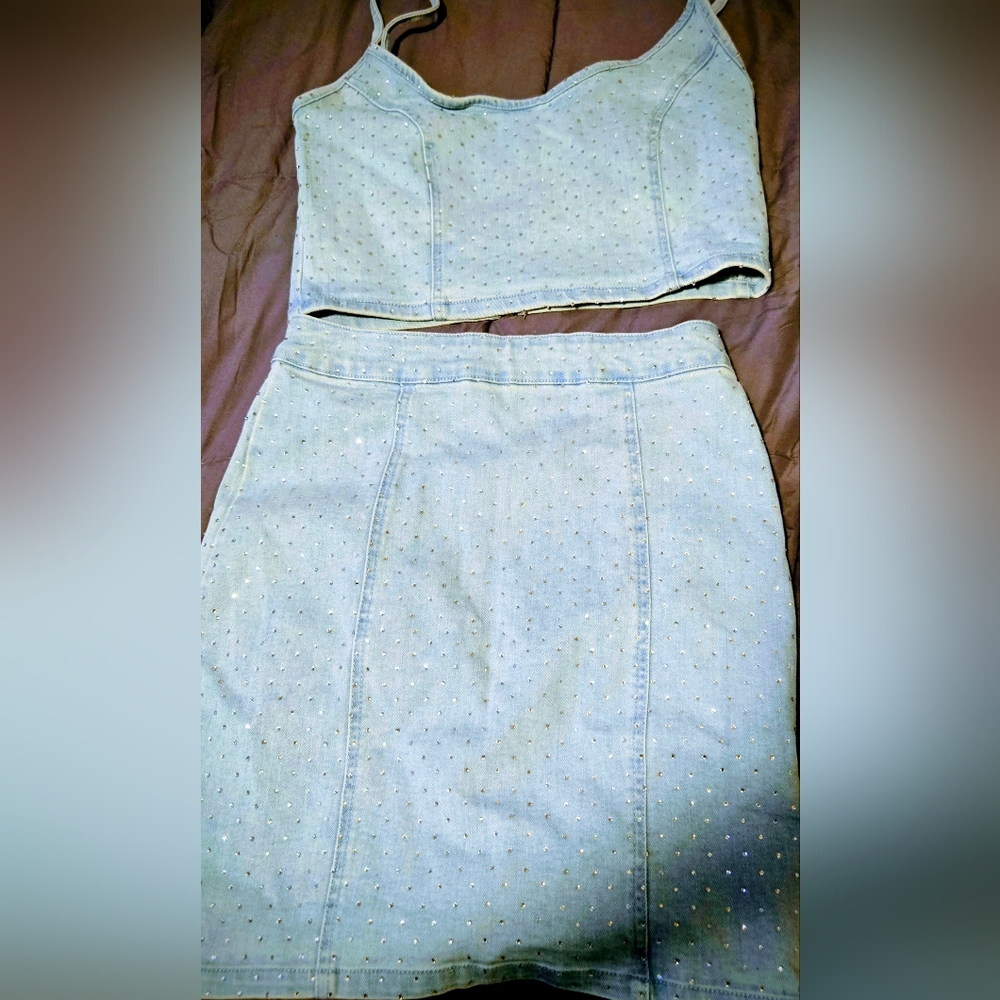 Light Blue Denim Rhinestone Skirt Set. Never worn, new without tag MEDIUM
